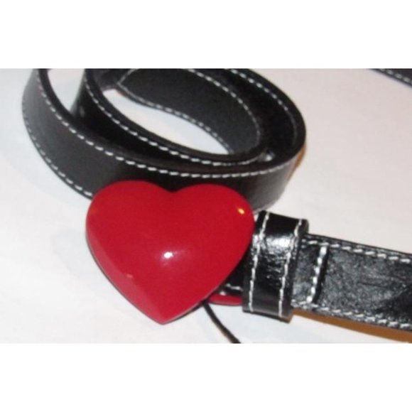 Moschino Black Leather Red Heart Buckle Belt